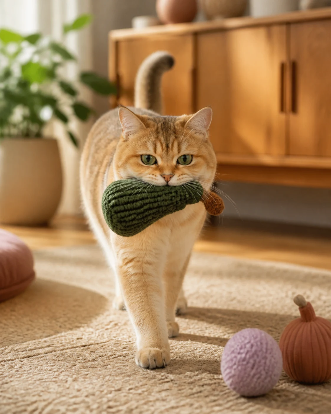 Golden cat carrying a soft green knitted toy through a warm living room