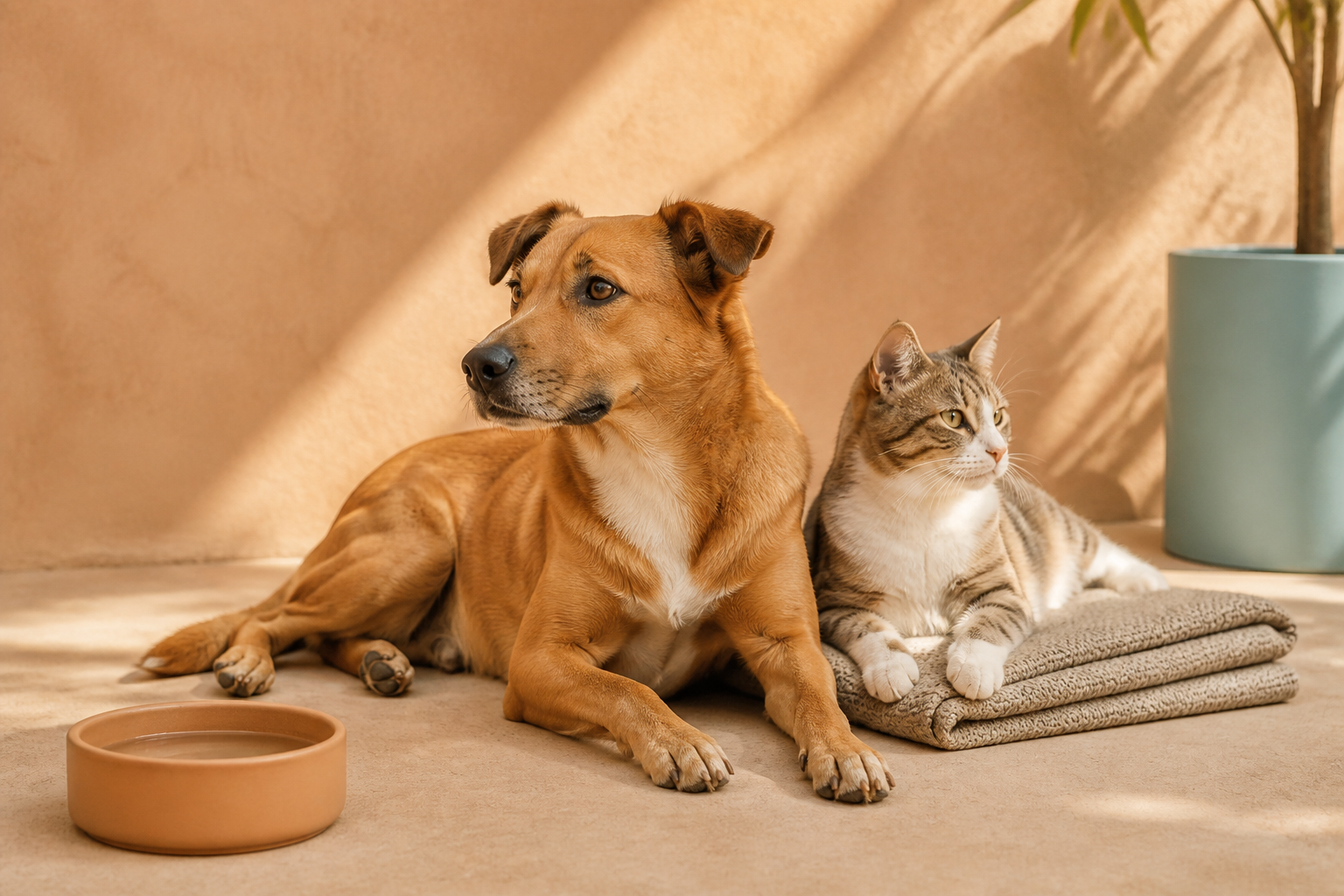 A relaxed dog and cat resting together in a warm home