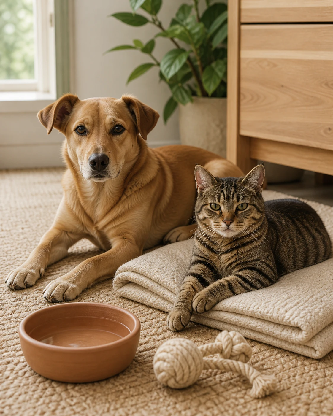 A dog and cat relaxing beside an unbranded bowl, mat, and rope toy