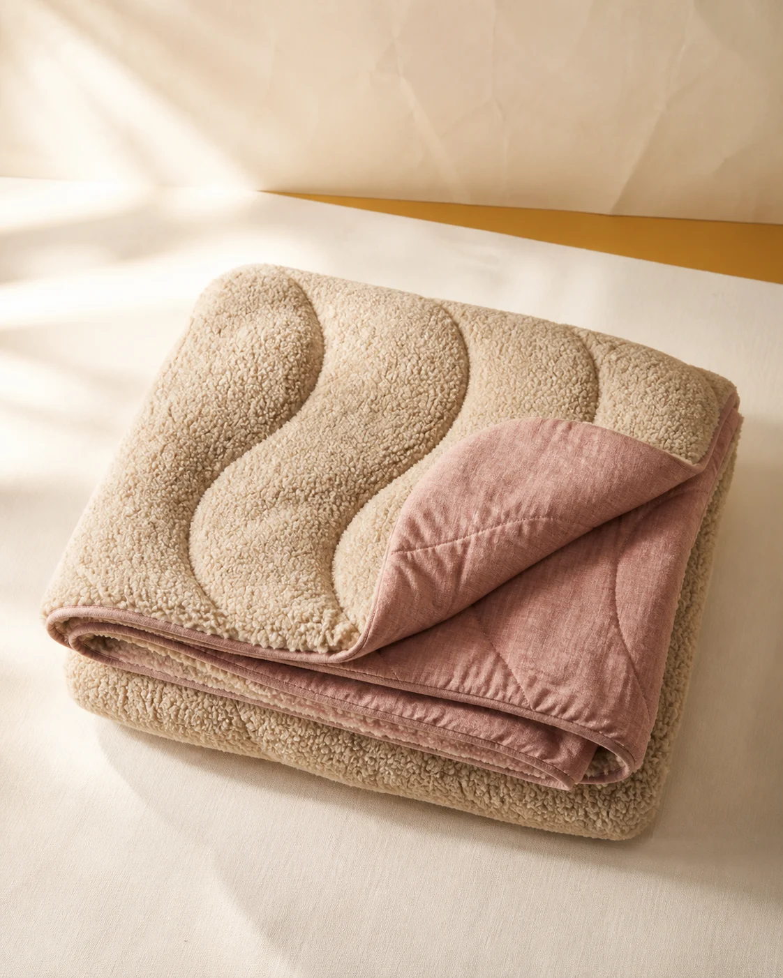 Folded oat sherpa and clay cotton Nook Blanket